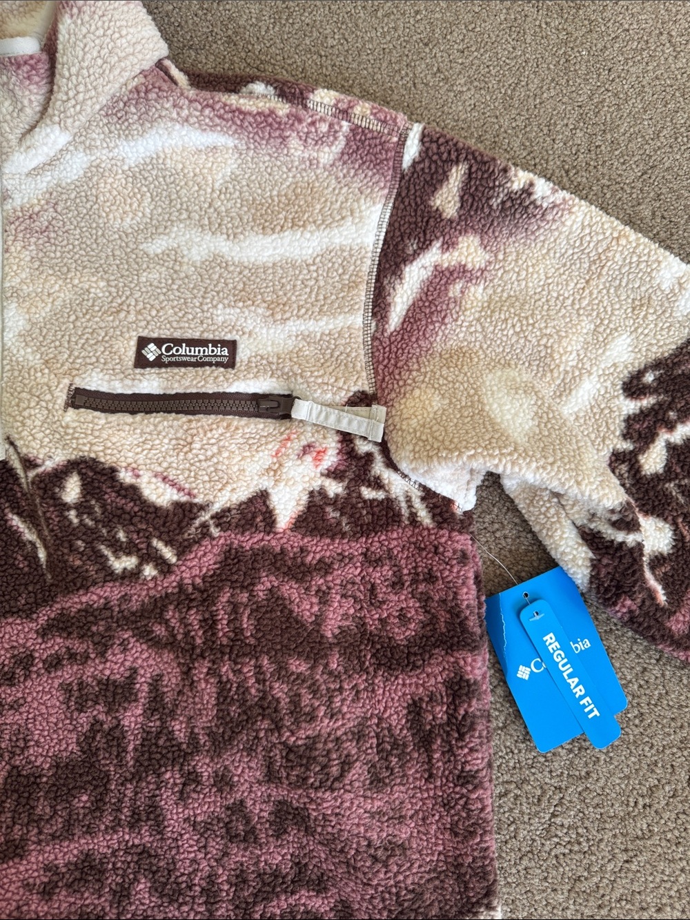 Columbia Mountain Sherpa Maroon & Cream Patterned Pullover Fleece - Size Medium - Picture 2 of 7